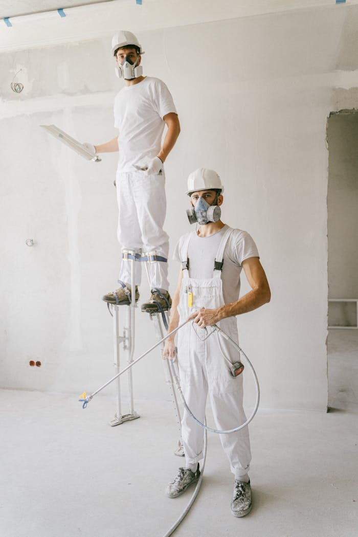 why-choose-us Two painters in protective gear working on a home renovation project, wearing masks and white uniforms.