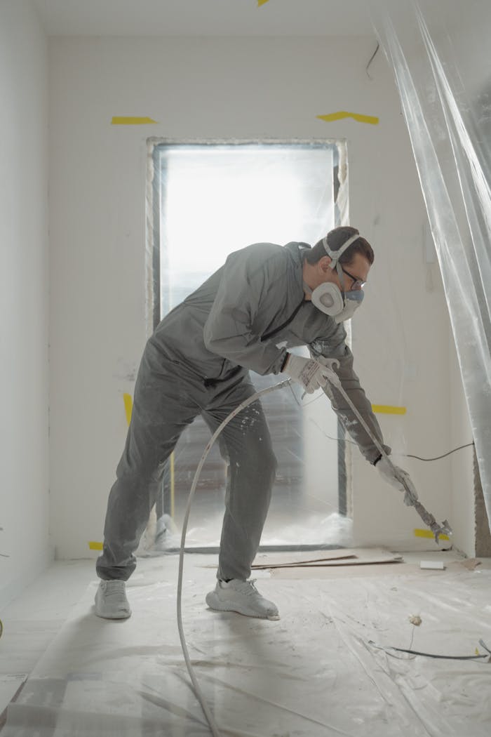digital Worker applying paint with a spray gun in a protected indoor renovation site.